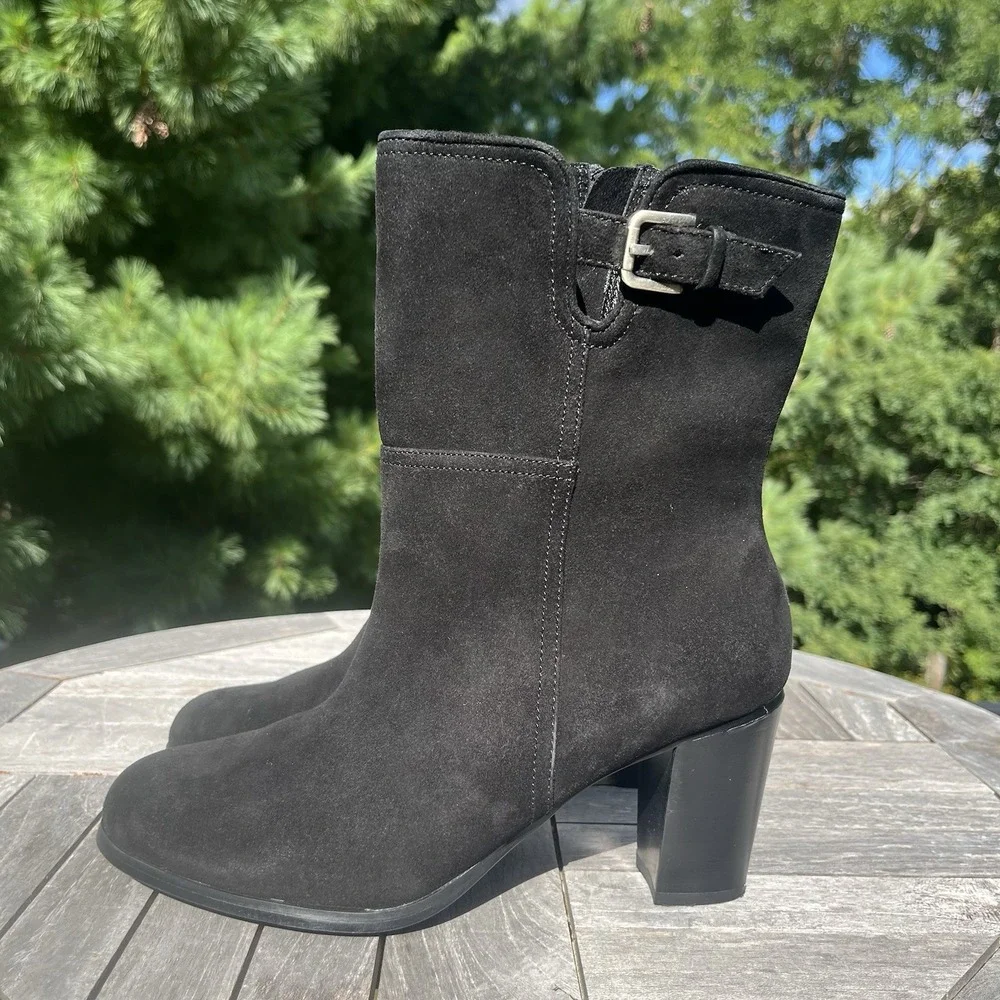 Jones New York Byberry Boots Womens Sz 7.5 Midcalf Black Suede Block Heel Buckle